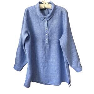 Jones New York 100% Linen Blue Lagenlook Tunic Shirt Top Roll Tab Sleeve Sz. 1X